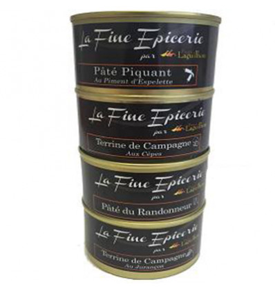 Lot de 4 Boîtes 125g: Terrine de campagne aux Cèpes _Jurançon_Randonneur_ Piquant au Piment d'Espelette