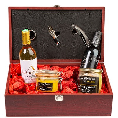 Coffret Cadeau violet, Hydromel pétillant, produits à base de foie gras et  Volaille sauce aux cèpes